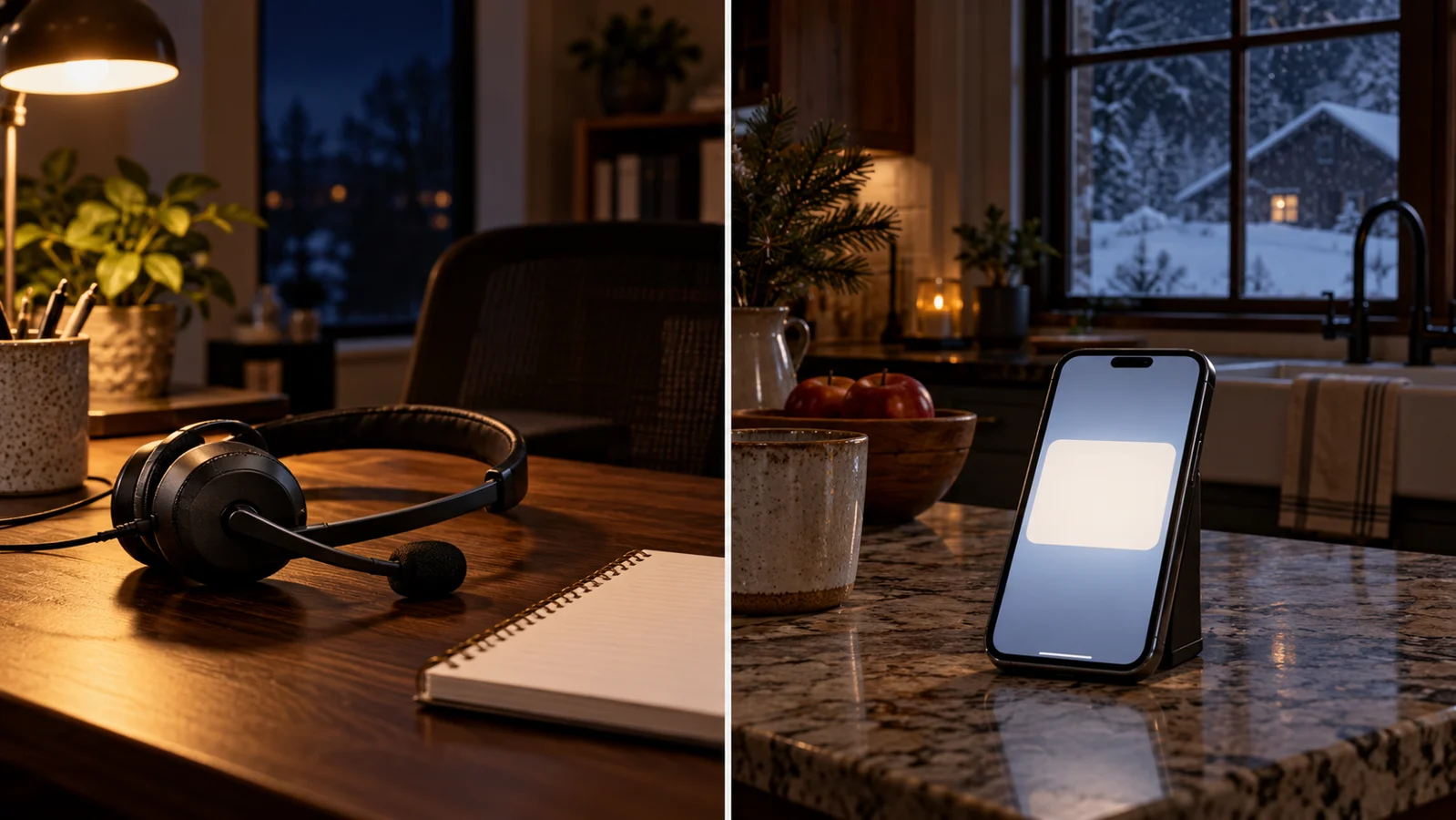 A headset and notepad beside a phone displaying a blank call summary in a winter kitchen.