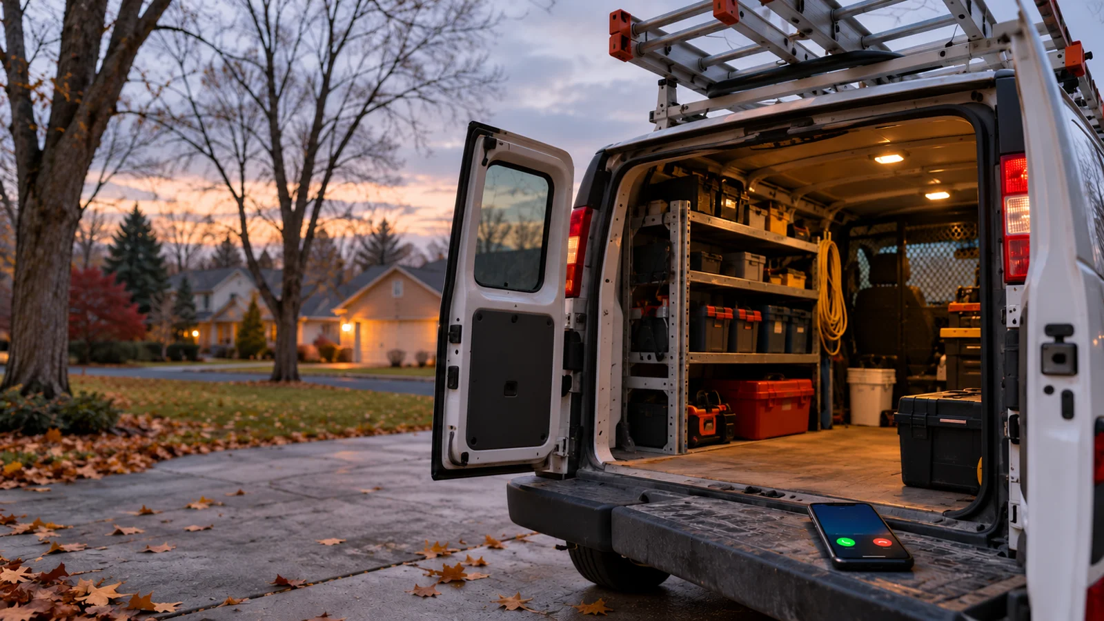 A work van in a Michigan autumn driveway with a phone showing an incoming call.