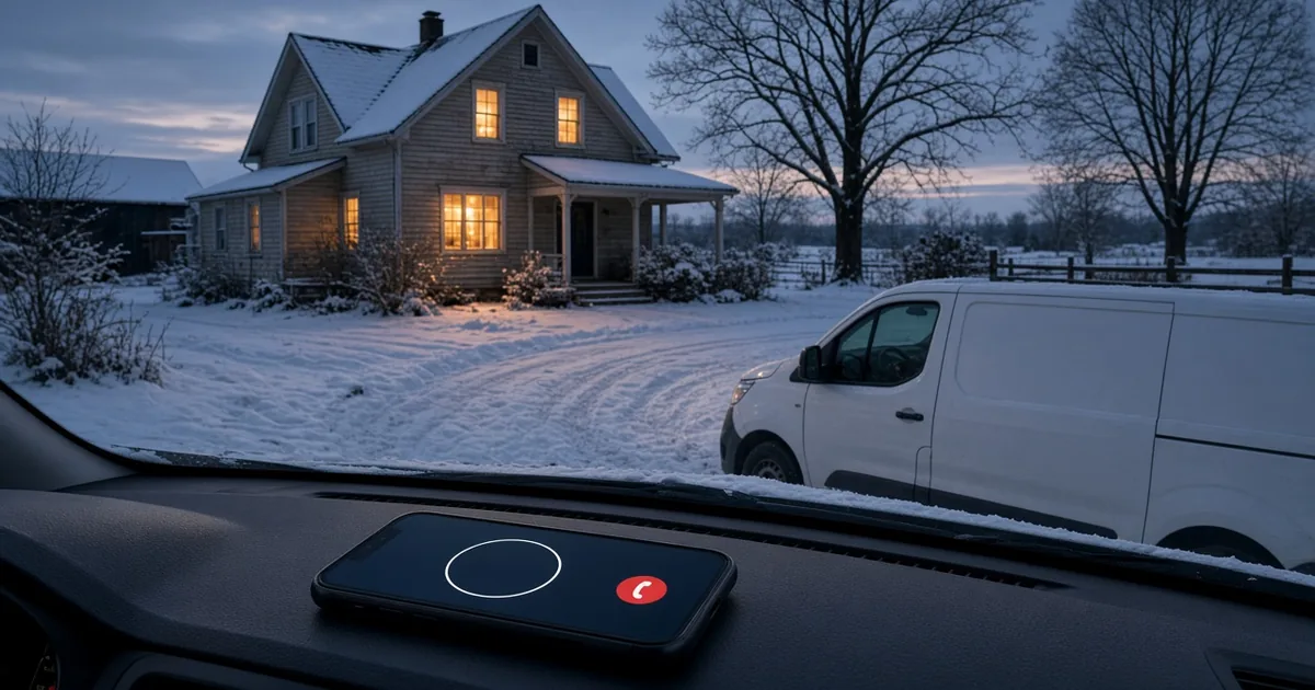 A white service van in a snowy Michigan driveway at dusk with a phone ringing on the dashboard