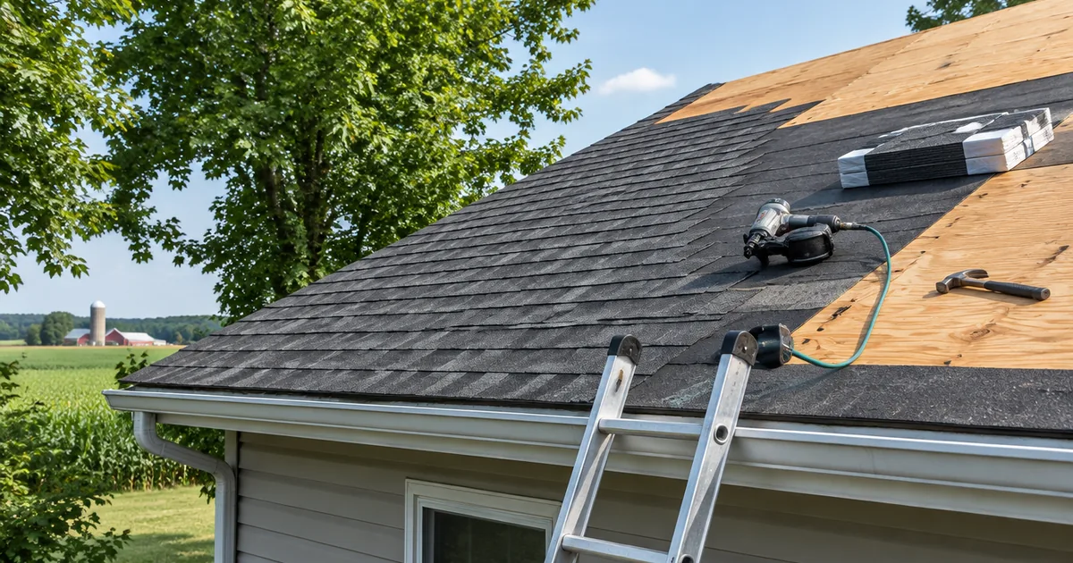 A half-shingled roof with an extension ladder, a nail gun and a bundle of shingles on a clear Michigan afternoon