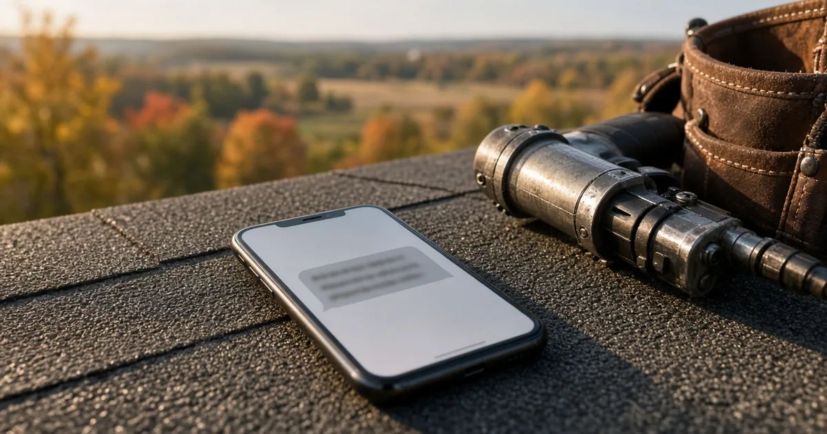 A phone showing a text message on a shingled roof next to a nail gun and tool belt