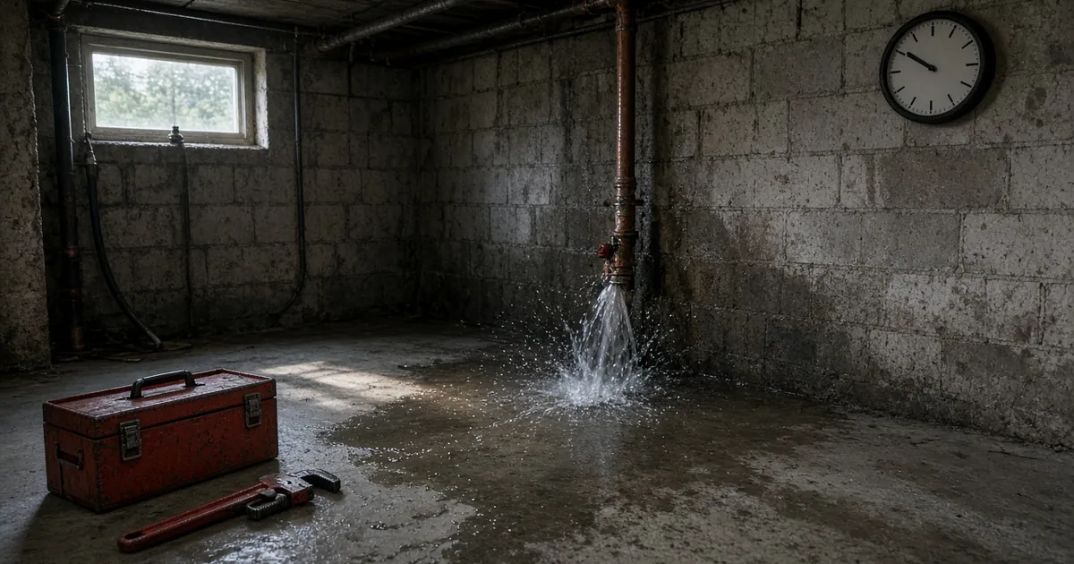 A burst pipe spraying water in a Michigan basement next to a red toolbox and pipe wrench